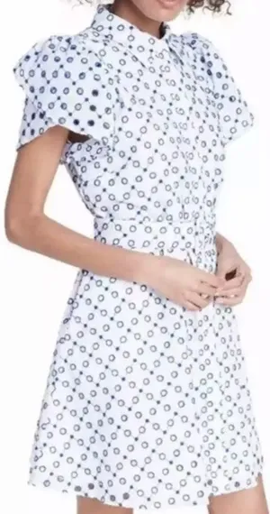Alexis Target Dot Tulip Sleeve Embroidered Shirtdress Eyelet Belted White Blue thumbnail 1