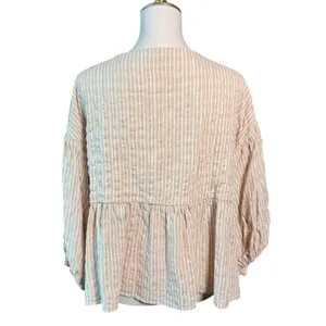Wishlist Tan White Striped V-Neck Balloon Sleeve Babydoll Blouse Large thumbnail 4
