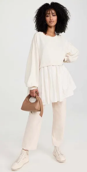 English Factory Long Sleeve Pleated Mixed Media Sweater Dress thumbnail 1