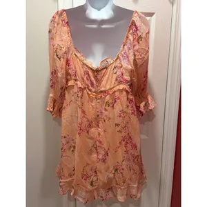 NWOT Free People Mini Dress Womens Peach Floral Ruffle Puff Sleeve S thumbnail 2
