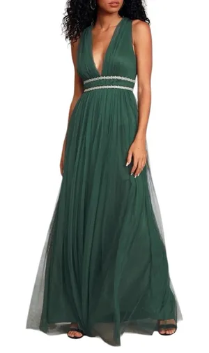 Lulus New Delightful Occasion Emerald Green Beaded Tulle Maxi NYE Dress Gown thumbnail 1