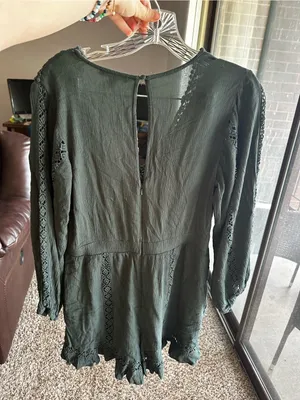 American Eagle Outfitters Dark Green Crochet-Trim Long-Sleeve Romper thumbnail 2