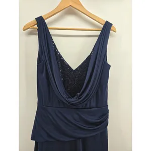 ML Monique Lhuillier Gown Womens 10 Sequin Cowl Neck Navy Blue Ruched EUC thumbnail 2