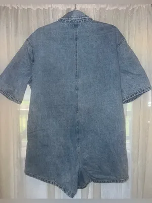 Mable Light Wash Short Sleeve Collar Shirt Pocketed Denim Short Romper S thumbnail 5