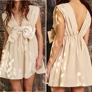BUCKET LIST Darcy Cream Big Bow Deep V Babydoll Coquette Mini Dress - Size M thumbnail 3