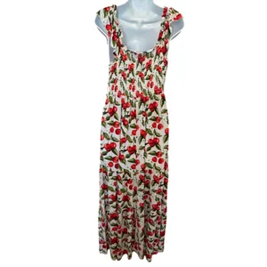 NWT Bums & Roses Maxi Dress M Cherry Print Smocked Bamboo Viscose Tiered Garden thumbnail 5