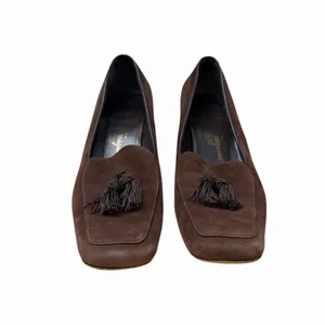 Salvatore Ferragamo Women's Sz 8.5 Brown Tassel Square Toe Heels Suede Leather thumbnail 3