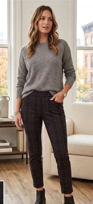 Sanctuary Plaid Slim Ankle Pants in Black with Burgundy and Charcoal thumbnail 1