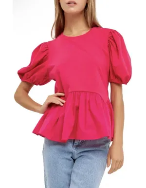 English Factory crew neckline voluminous puff sleeves Peplum Waist Size 3X thumbnail 1