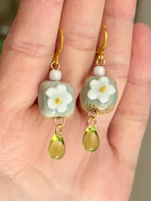 Handmade ceramic cute flower boho retro fairy dangle earrings 🌵🌺🌞💚 thumbnail 4