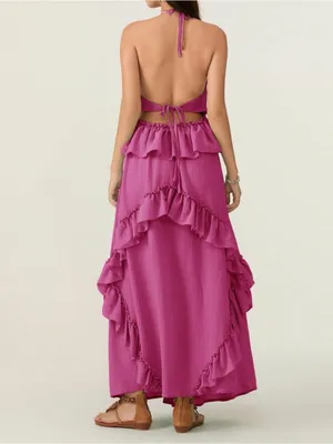 Rosa Clothing Halter Tie Neck Maxi Dress Tiered Billowy Ruffles small New thumbnail 2