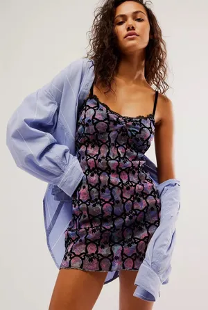 Free People Womens Velvet Burnout Mini Dress Medium Purple Floral Lace Y2K Fairy thumbnail 1