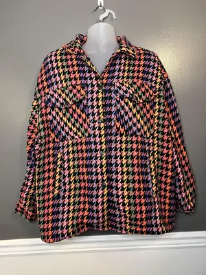 Spoon Jeans Jacket Womens 3X Black Multicolor Houndstooth Shacket Button Front thumbnail 1