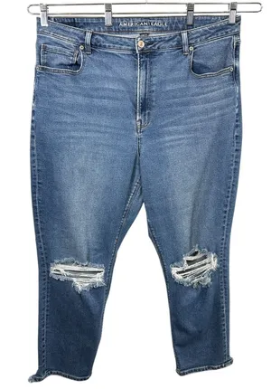 American Eagle Plus Size 18 Jeans Mom Dark Raw Distressed Blue High Rise‎ 327 thumbnail 1