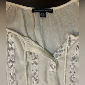 American Eagle Cream Long Puff Sleeve Blouse with Lace & Bead Detail M thumbnail 3