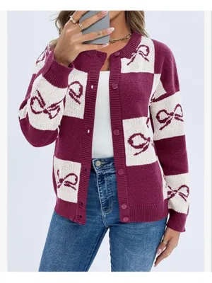 NEW Bow Checkered Button Down Cardigan Sweater S Red thumbnail 4