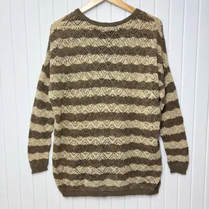 Peruvian Connection Vintage‎ Crochet knit Brown and Cream Striped Sweater Size L thumbnail 6