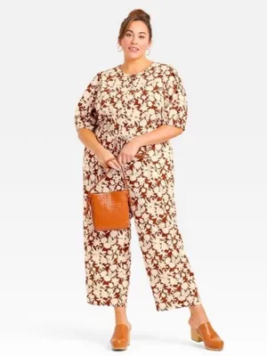 Universal Threads Cream and Brown Floral Romper Puff Sleeve Cottage Women’s SZ XL thumbnail 2