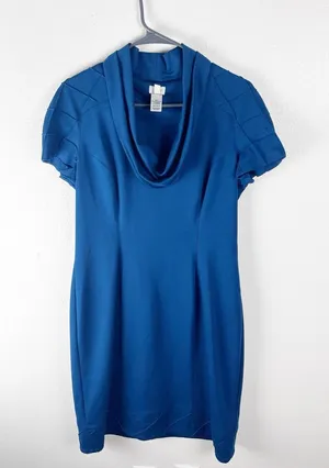 CACHE Blue Short Sleeves Cowl Neck Pintuck Pleats Dress Size 12 Office Career thumbnail 1