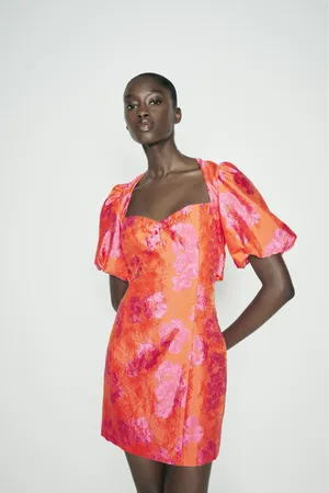 Zara dress mini puff wide sleeve cut out hot Pink Floral wedding summer vacation thumbnail 7