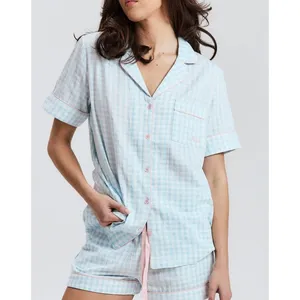 All for Mimi Gingham PJ Short Sleeve Top & Short Set Size XS Blue Pink thumbnail 3