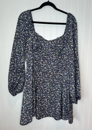 Lush Womens Navy Square Neck Floral Mini Dress Puff Sleeves Elastic Cuff XL thumbnail 1