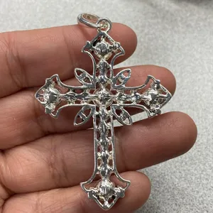 Silver Tone Cross Rhinestone Ornate Pendant Necklace Statement Religious Faith thumbnail 5