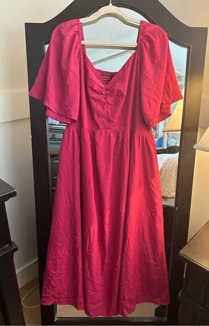 NEW Pink Midi Ruffle Short Sleeve A Line Flowy Dress 2x thumbnail 1