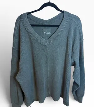 Aerie Olive Green Textured V-Neck Oversized Sweatshirt thumbnail 1
