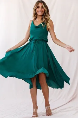 Selfie Leslie Forest Green Ava Cowl Neck Satin Drawstring Midi Dress Size XS‎ thumbnail 1