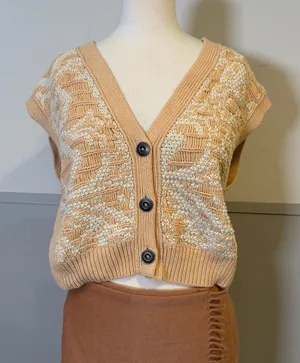 Free People Beige and Cream Knit Vest Geometric Pattern Sweater thumbnail 1
