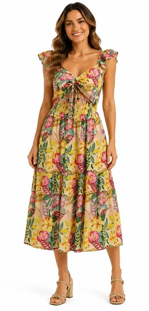 Roxy Womens Floral Dress Size Medium Tropical Vacation Resort Beach Boho Coastal thumbnail 1