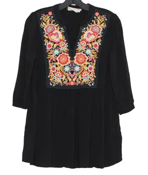 Savanna Jane Top 3/4 Sleeve Embroidered Floral Boho Folk Cottage Black Small thumbnail 1