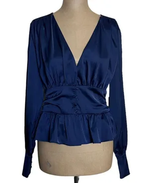 Jason Wu NWT Navy Satin Long Sleeve Corset Waist Blouse size Medium thumbnail 2