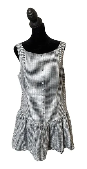 Wild Fable Seersucker Gingham Plaid Mini Dress Womens L Navy White Button Front Drop Waist thumbnail 1