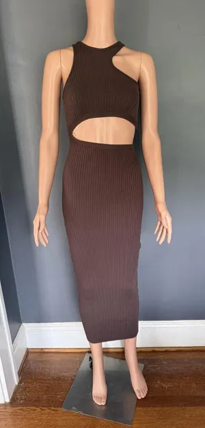 Zara Brown Ribbed Cutout Midi Dress Size Small thumbnail 1