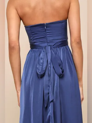 Lulus Lavish Elegance Navy Blue Satin Strapless Bubble-Hem Midi Dress, Size XS thumbnail 4