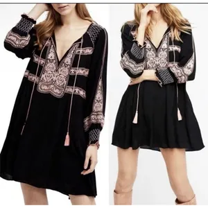 Free People Wind Willow Bohemian Peasant Mini Dress Size Large Navy Embroidered thumbnail 2