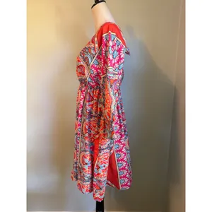 Boho Paisley V-Neck Open Back Mini Dress Red Pink Blue Long Sleeve L colorful y2 thumbnail 3