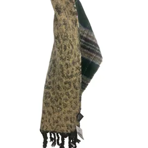 Steve Madden Reversible Wrap Shawl Scarf Green Plaid & Leopard Fringe 82x21’ NWT thumbnail 3