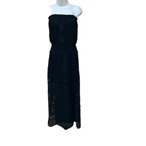 Elan Black Strapless Smocked Waist Crochet Lace Tiered‎ Maxi Dress Small Boho thumbnail 3