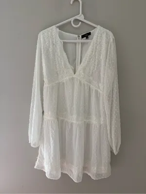 Lulus White Swiss Dot Lace Long Sleeve Babydoll Mini Dress M thumbnail 3