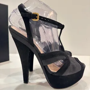 Prada Platform Stiletto T-strap Sandals Sz 39 Suede Black Gray Heels Peep Toe thumbnail 3