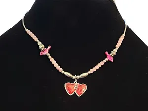 Vintage rose quartz bead abalone double heart and cardinal necklace thumbnail 1