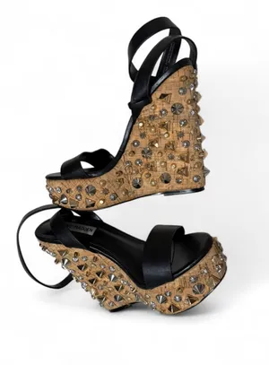 Steven Madden Black Leather Studded Wedge Sandals with Tan Wrapped Platform … thumbnail 7