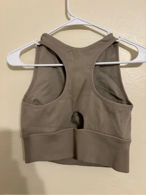 Betsey Johnson Performance Ribbed High Neck Crop Tank Sports Bra Taupe L thumbnail 7