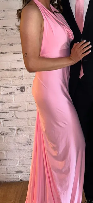 Lucy in the Sky Gathered Back Halter BodyCon Maxi Dress in Pink thumbnail 2