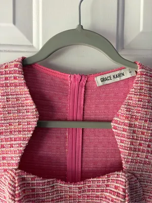 Grace Karin Pink Tweed Square Neck Mini Fit and Flare Dress Sz S VTG 60s Insp thumbnail 7