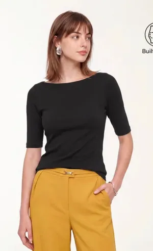 OGL Move Black Size S Short Sleeve Boatneck Built-in Bra Brami Top New thumbnail 1