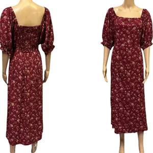 Mod Lusive Rayon Burgundy Floral Print Smocked Back Puff Sleeve Maxi Dress XL thumbnail 2